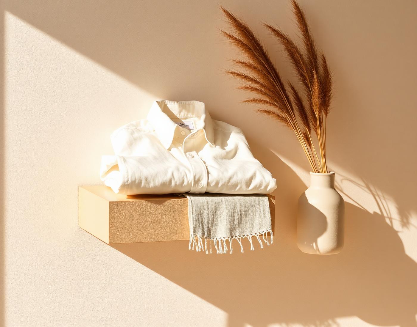 Folded linen shirt on a warm plaster shelf beside dried grasses