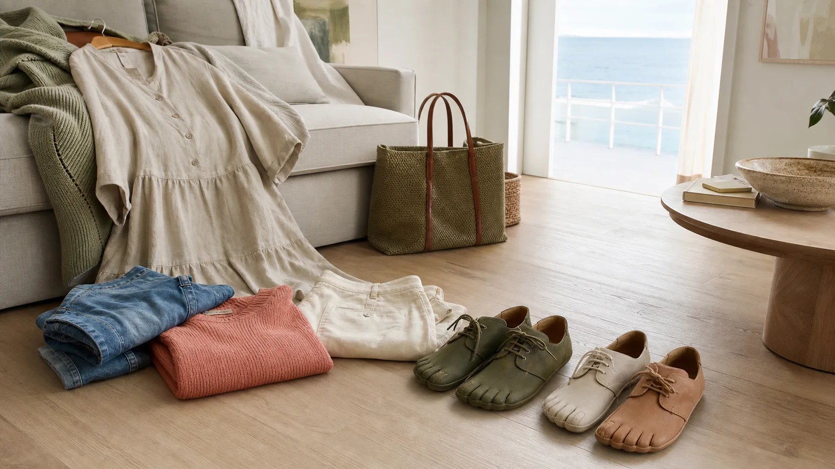 Linen dress, jeans, tailored trousers and three foot-shaped shoes arranged in a bright coastal room