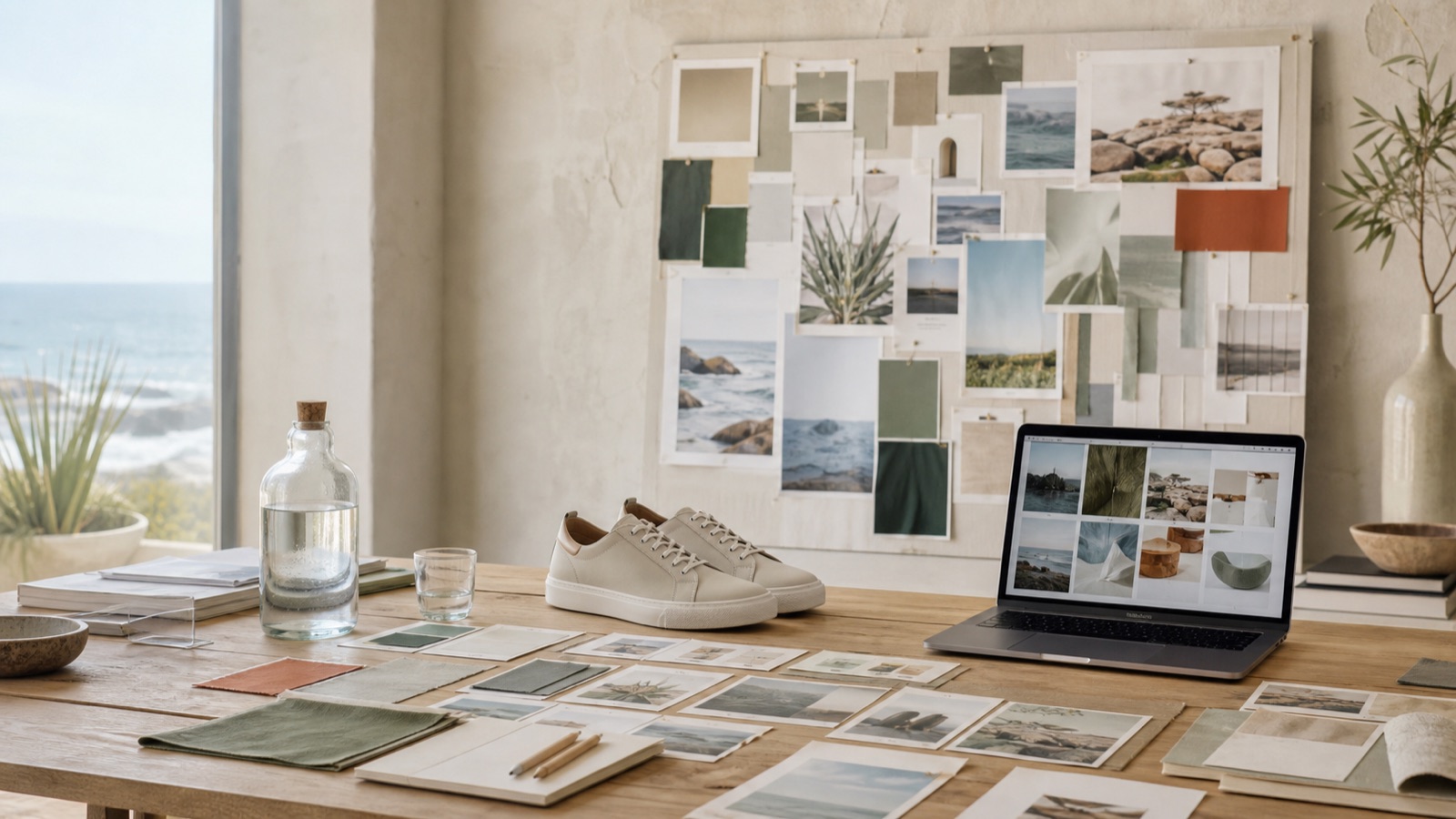 Footwear campaign workspace with generic sneakers, a coastal moodboard and digital image references