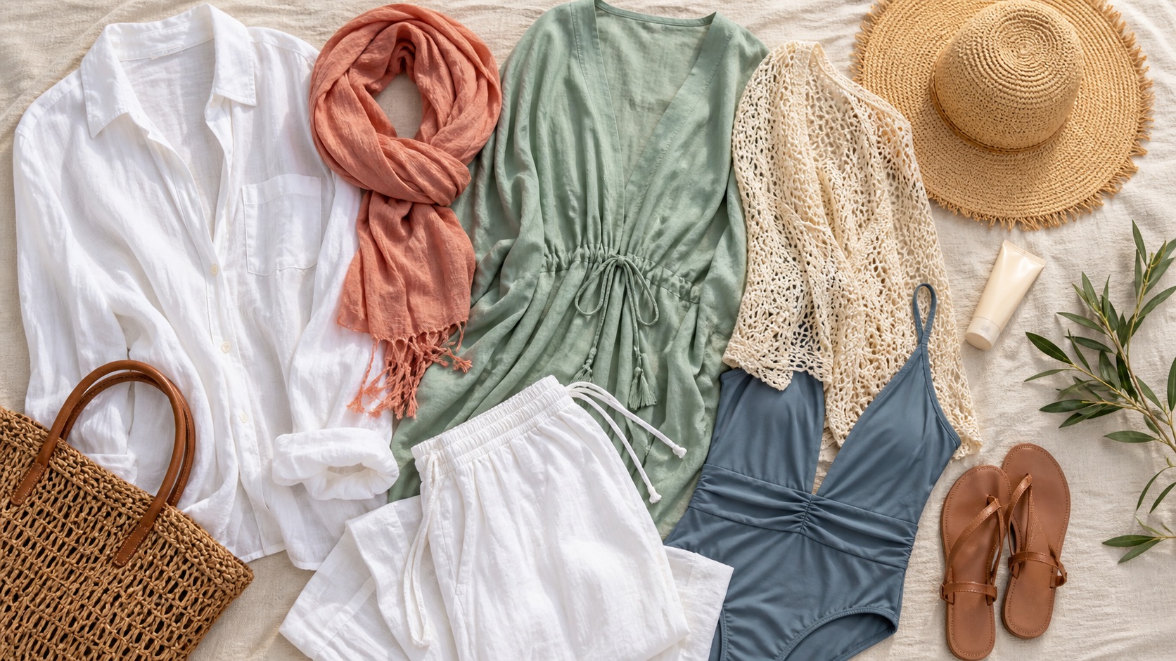 Flat lay of women's beach cover ups including linen shirt, sarong, kaftan, crochet layer, swimsuit, sandals, woven tote and straw hat