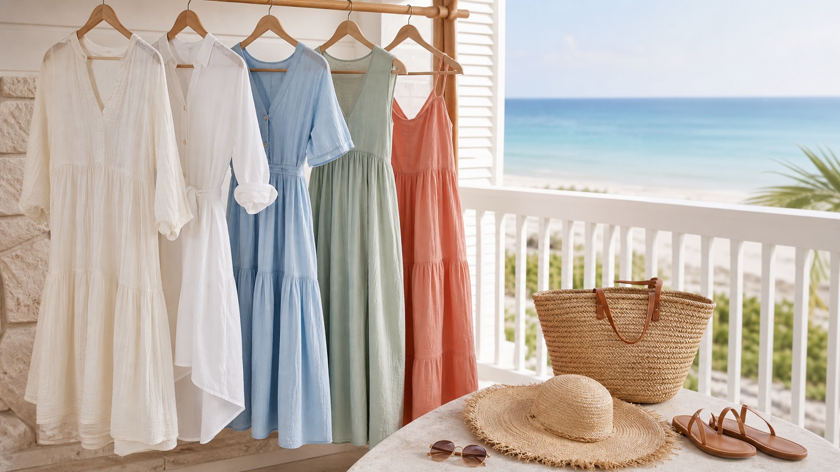 Beach vacation dresses on a rail with a straw tote, sandals, sun hat and folded cotton layers by the sea