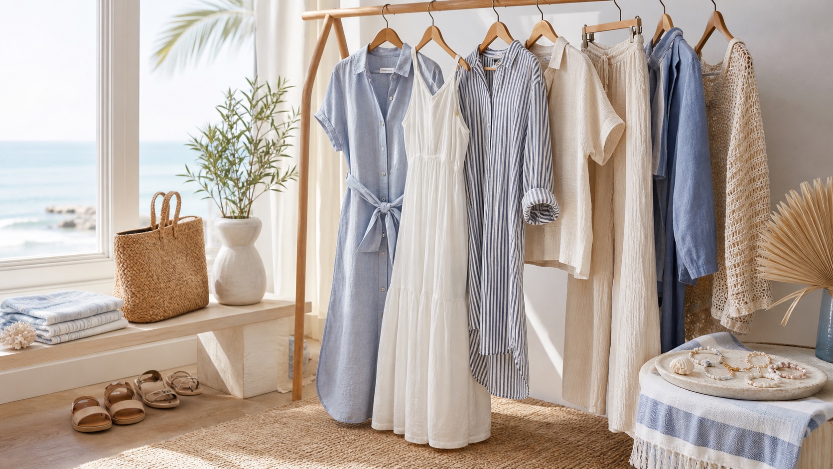 Coastal clothing pieces on a wood rail with linen dresses, striped shirts, sandals, shells and a straw tote by a bright seaside window