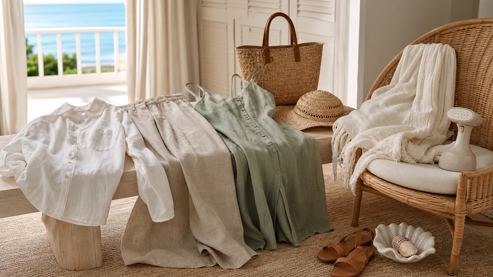 Linen resort wardrobe with an ivory shirt, wide-leg trousers, sage dress, raffia tote, sandals and steamer in a bright coastal hotel room