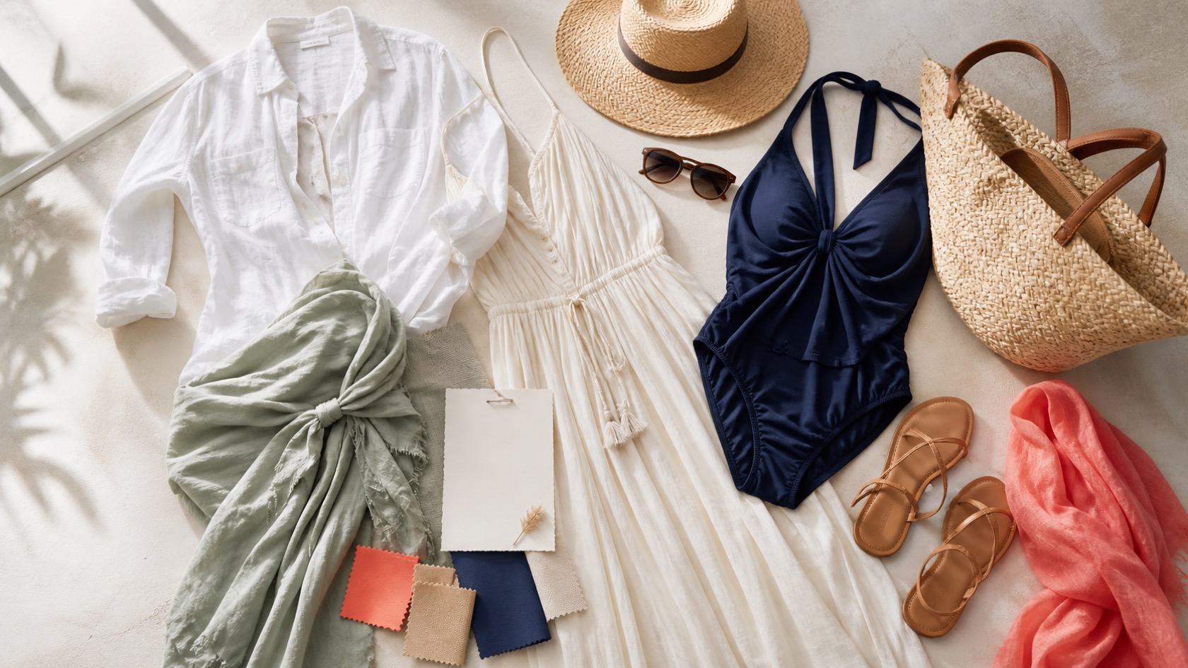 Editorial flat lay of resort wear pieces including linen shirt, dress, swimsuit, sarong, woven tote, sandals and straw hat