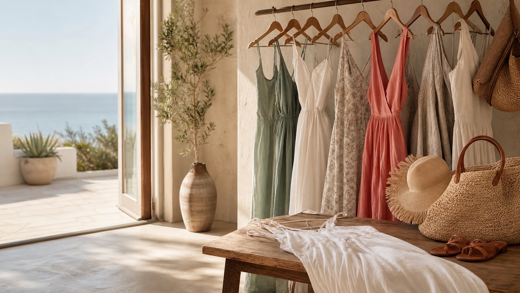 Sunlit rail of linen, cotton and gauze resort dresses beside a woven tote and sandals