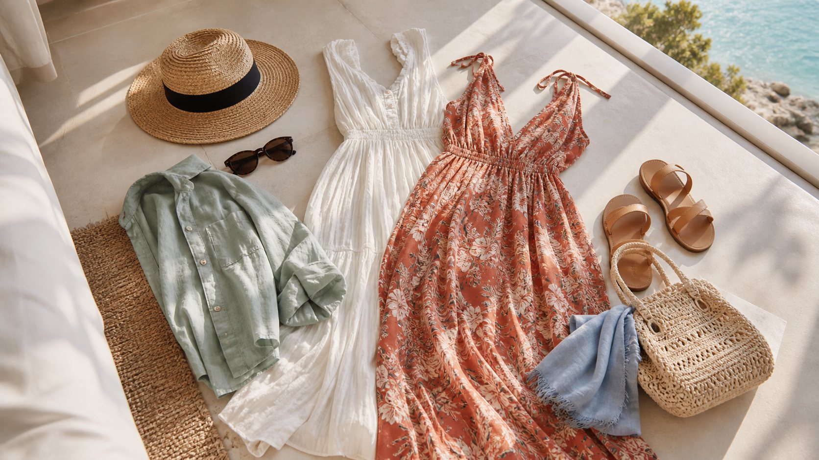 Summer vacation packing flat lay with white and coral maxi dresses, linen shirt, sandals, straw hat, sunglasses and woven tote