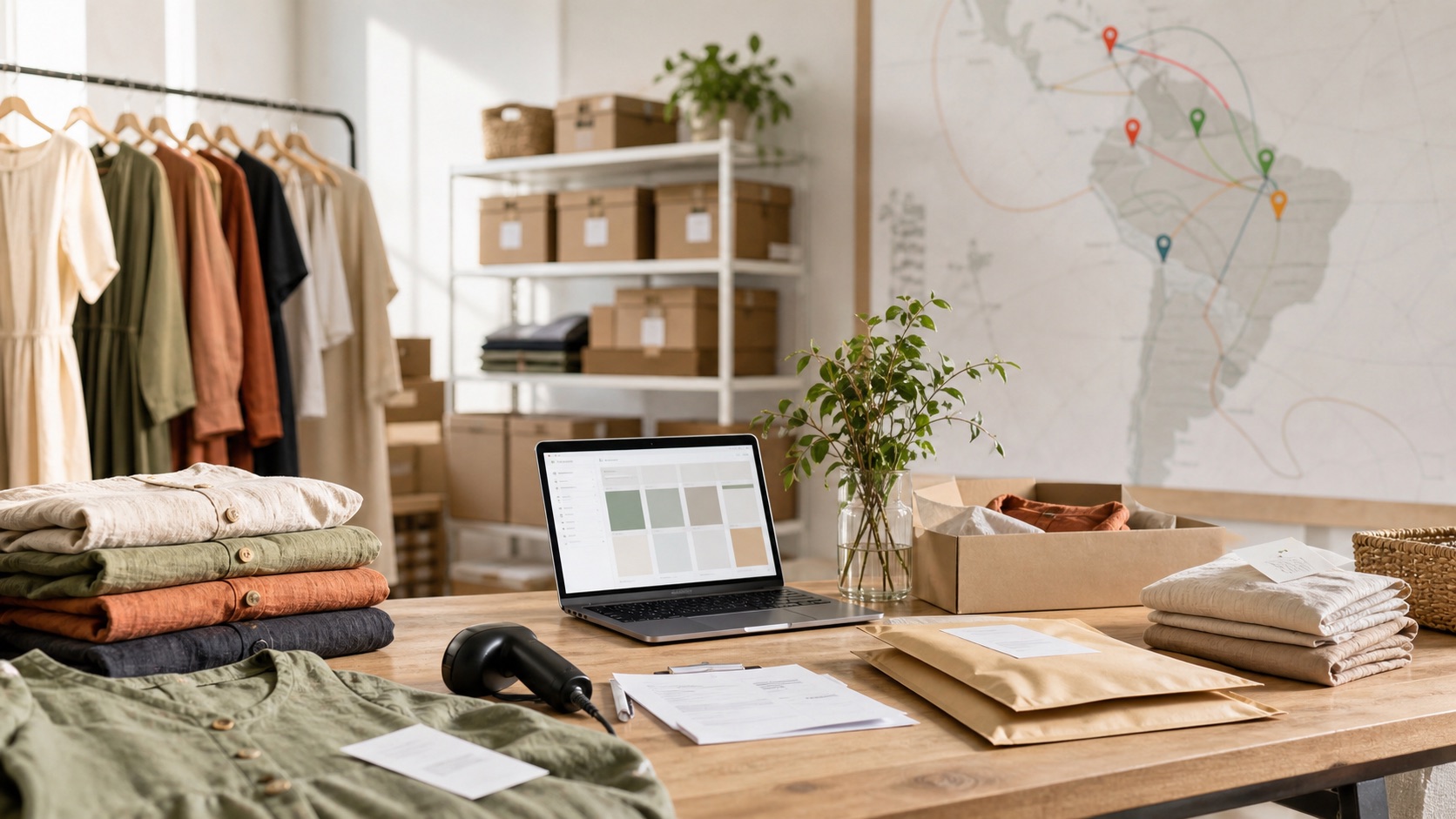 Fashion ecommerce fulfillment table with folded apparel, parcels, scanner and Latin America planning board