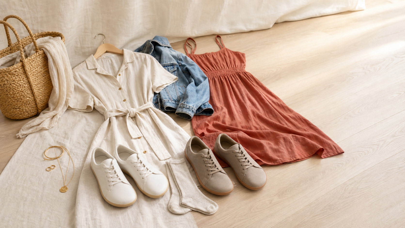 Minimal barefoot-style sneakers styled with a linen shirtdress, cotton midi dress, socks, straw tote and denim jacket on a sunlit floor